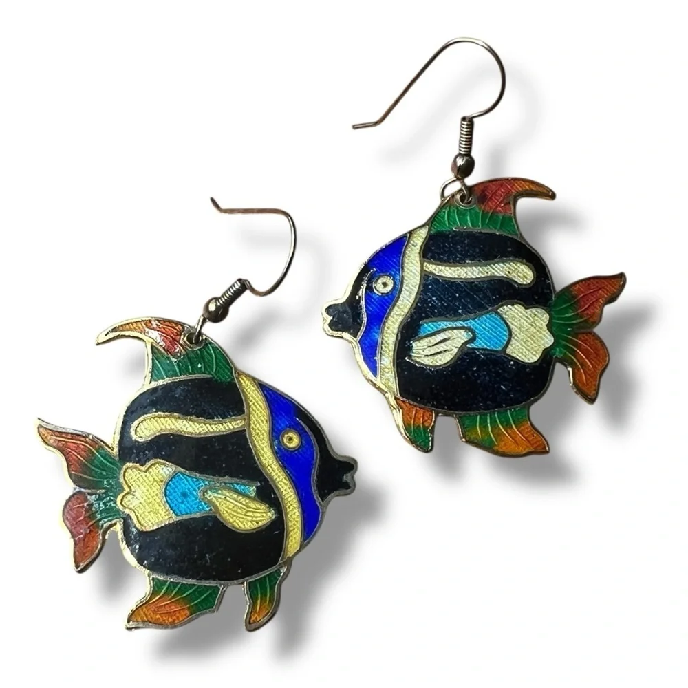 Vintage Cloisonné Colorful Tropical Fish Hook Earrings